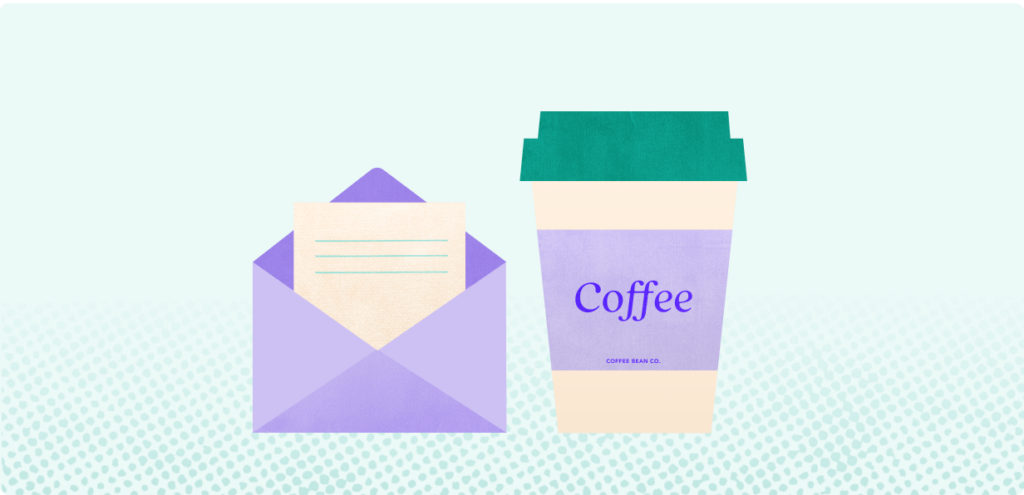 Illustration of an open envelope with a letter sticking out next to a to-go coffee cup