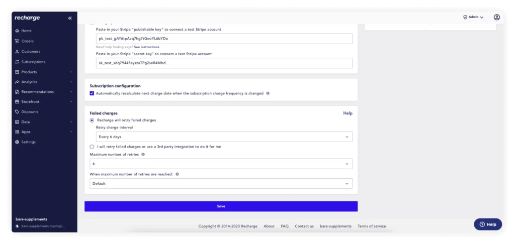 Screenshot of the Recharge customer portal being used to address payment recovery risks