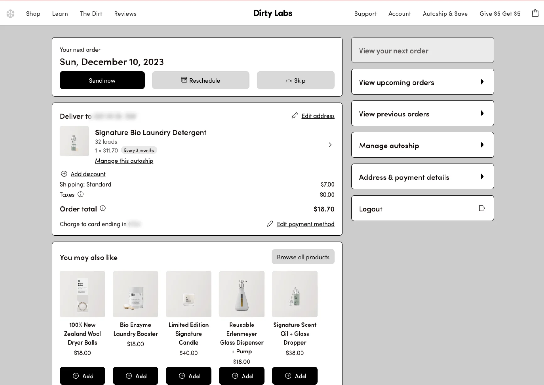 Screenshot of the Dirty Labs subscription management dashboard
