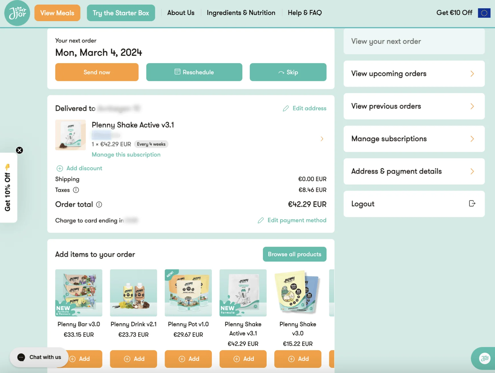 Screenshot of the Jimmy Joy customer portal