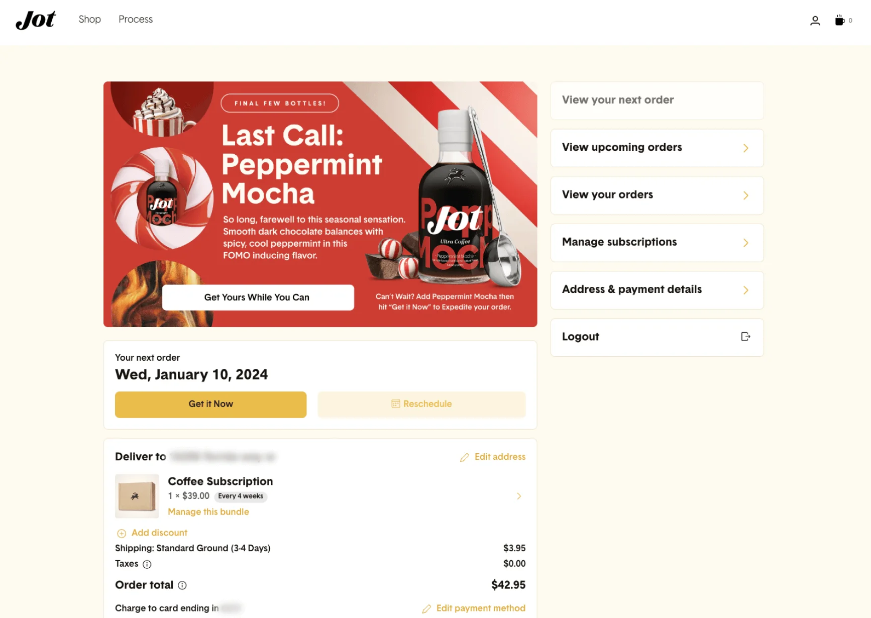 Screenshot of the Jot subscription management customer portal