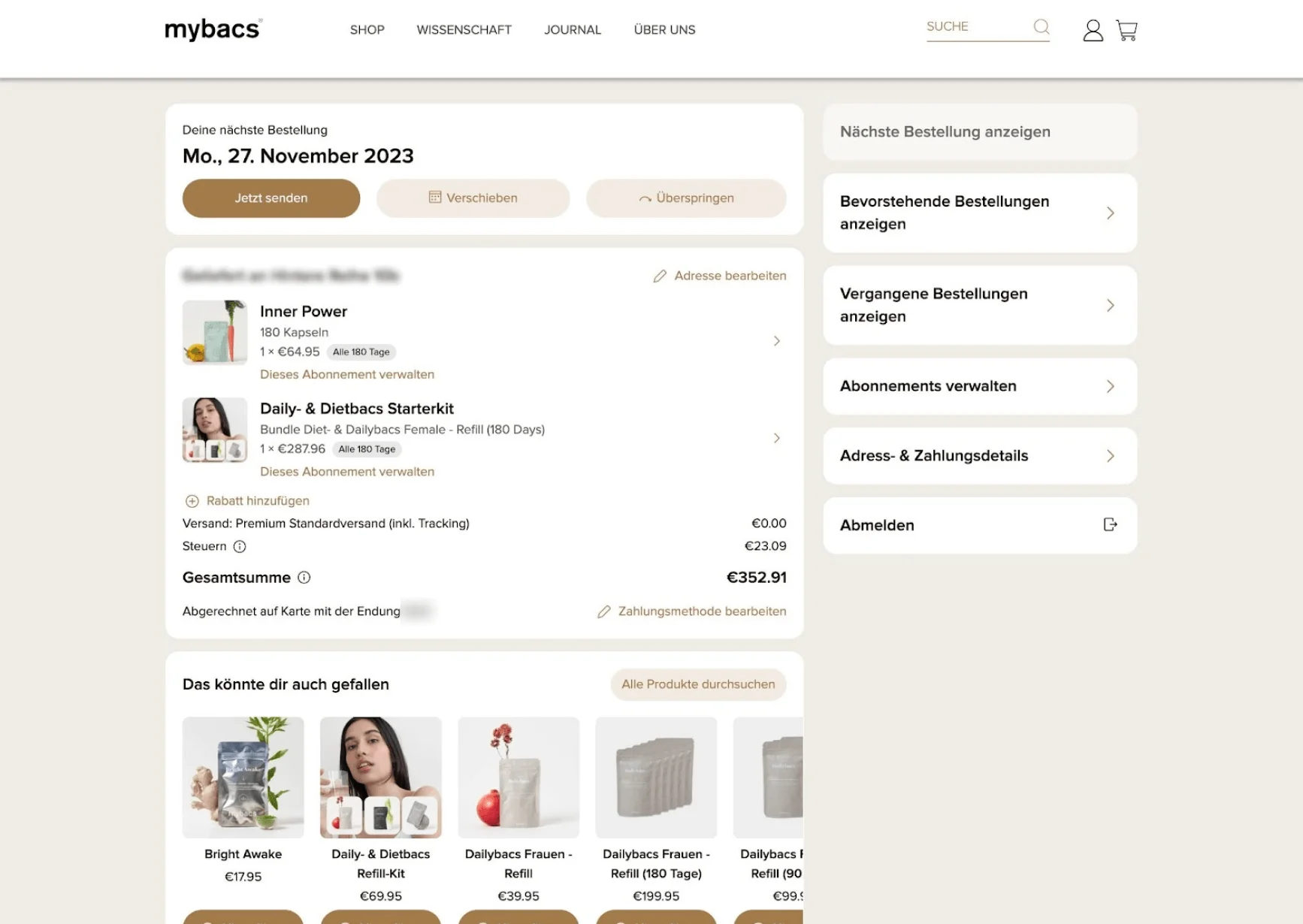 mybacs subscription management customer portal screenshot