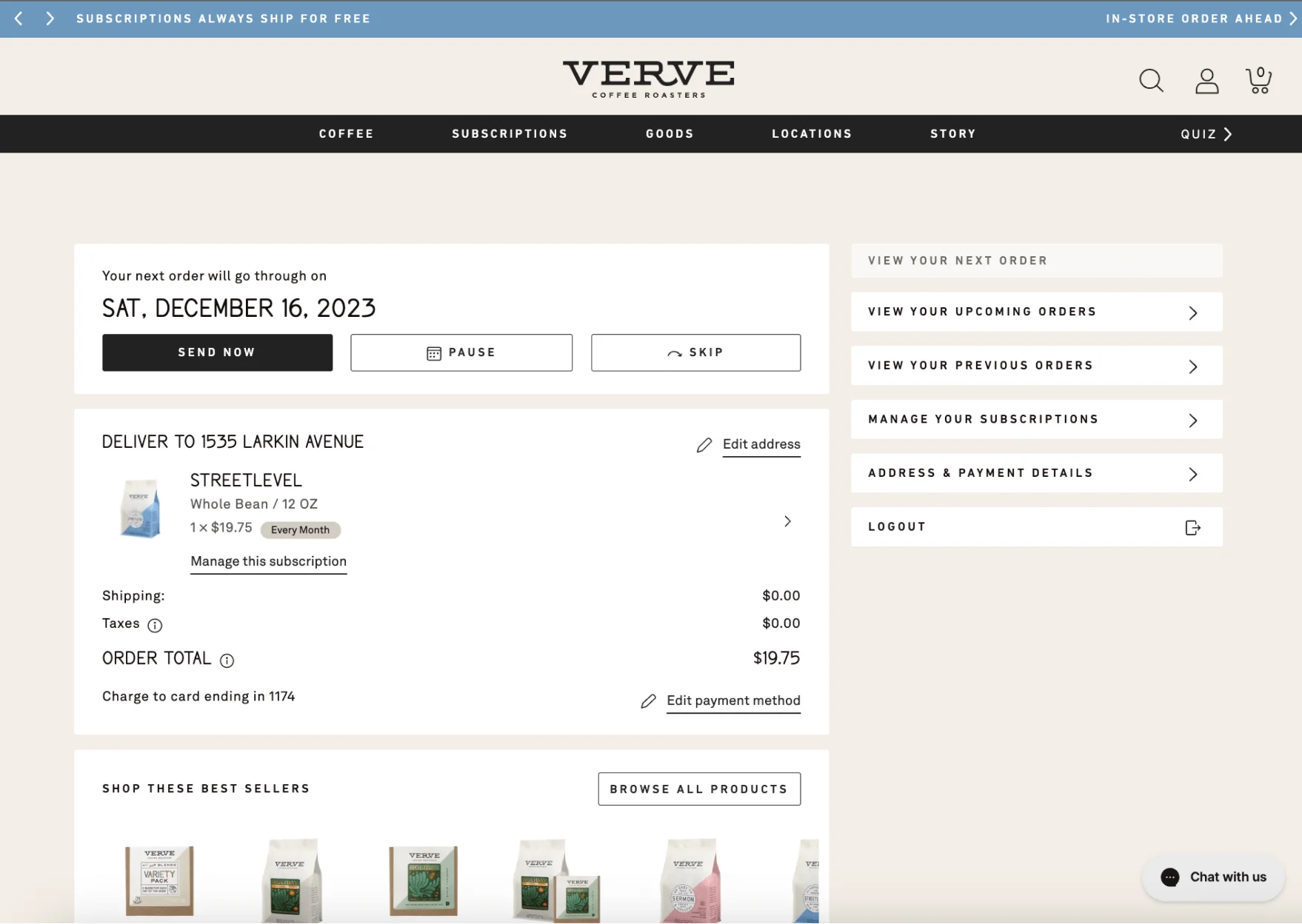 Screenshot of the Verve Coffee Roasters dashboard for managing active subscriptions