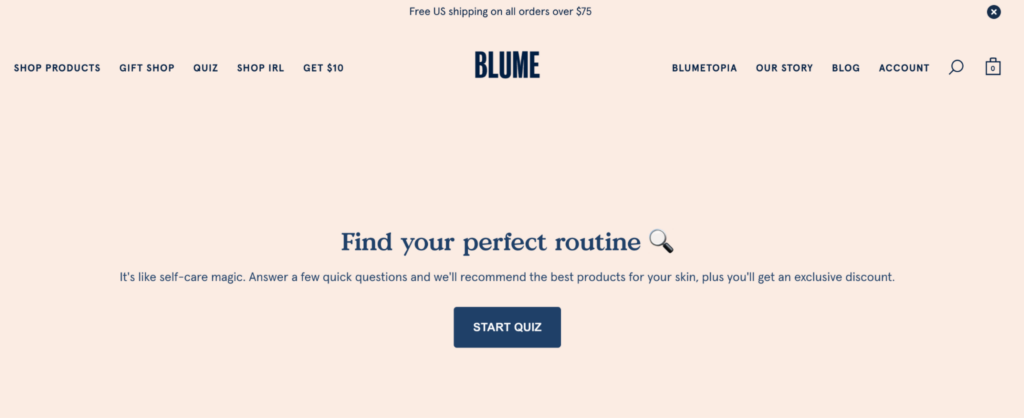 An image of the skincare personalization quiz on Blume’s website.