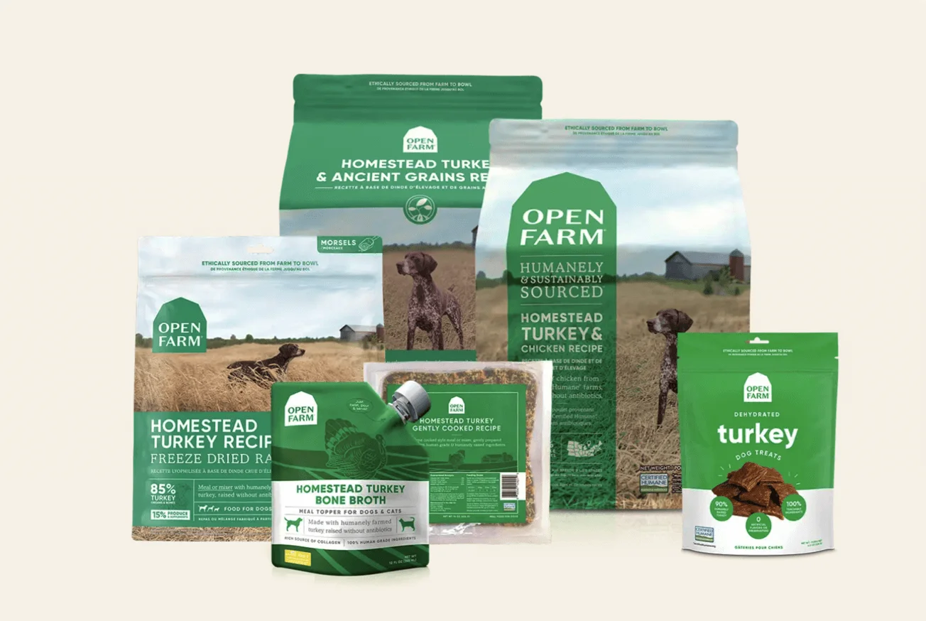 Open Farm products grouped together and displayed in their packaging
